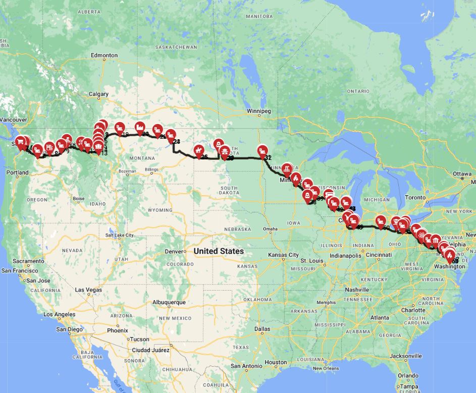 RV trip planner USA Seattle to Washington DC motorhome route plan
